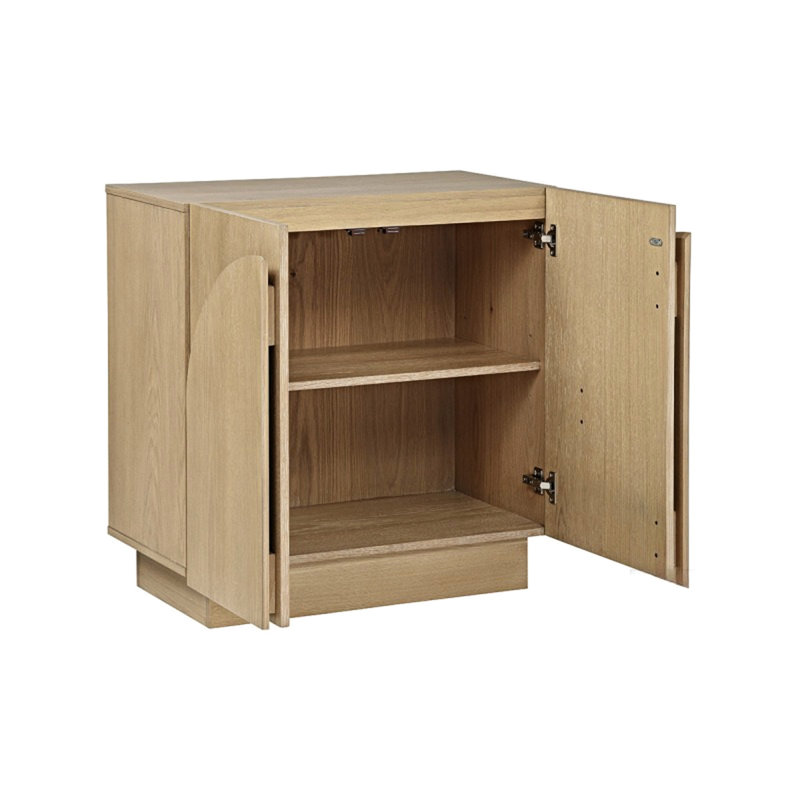 Chêne de style Mid-Century moderne pour les espaces de vie principaux, portes d'armoires arquées, buffet ou salle à manger à bords arrondis, couleur, design