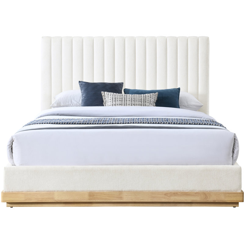Emmet Chenille Fabric Bed, Queen, Cream Chenille Fabric / Natural Oak