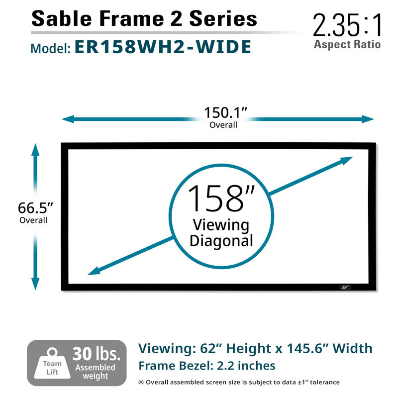 Écran de projection mural à cadre fixe Sable Frame 2 Series, blanc mat, cadre en velours noir, Diagonale de 158 po
