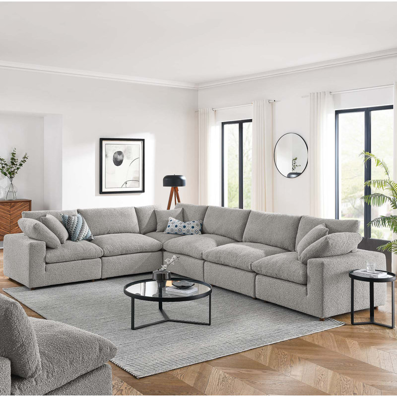 Modway Commix Down Filled Overstuffed Boucle Fabric 6-Piece Sectional Sofa, Light Gray 