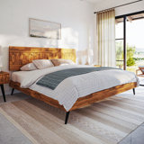 Georgina Solid Wood Platform Bed Frame with Headboard, Mid Century Geometric Pattern