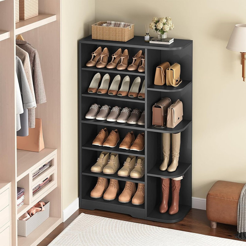 Armoire à chaussures en bois à 7 niveaux avec rangement ouvert, organisateur de chaussures multifonctionnel avec tablettes réglables pour le vestibule et le placard, noir