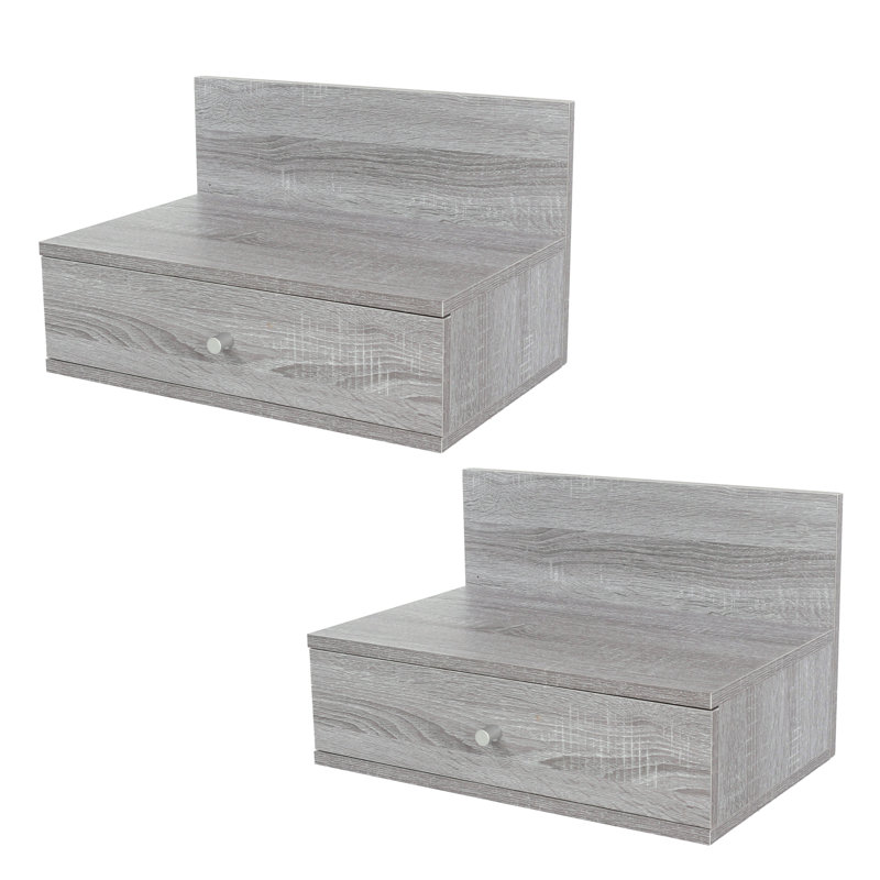 Set of 2 Floating Wall-Mounted One Drawer Bedside Tables, Compact, Grey