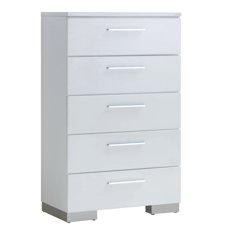Alei 5-Drawer High-Gloss Chest with Chrome Accents, White