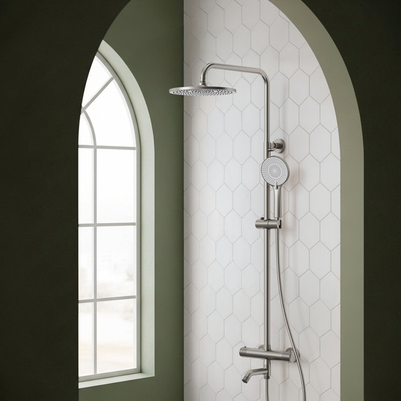Système thermostatique de baignoire et douche avec pomme de douche à pluie et douchette, Nickel brossé