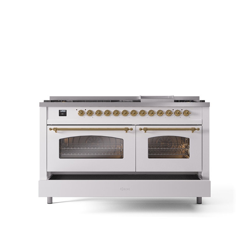 ILVE Nostalgie II Series 60 inch Dual Fuel Range with 9 Sealed Burners, Griddle (Glass Door), RAL Color/Brass, Natural Gas