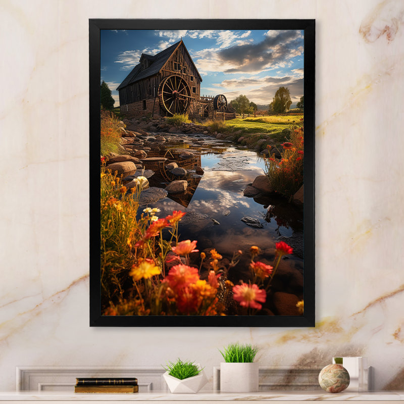 " Coral Grey Mills Meadow Mill ", Black Picture Framed, 20" H x 12" W x 1" D