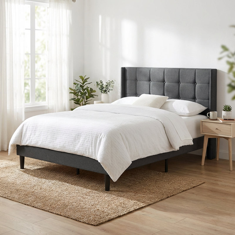 Base de lit tapissier grand format avec tête de lit capitonnée moderne, support à lattes de bois