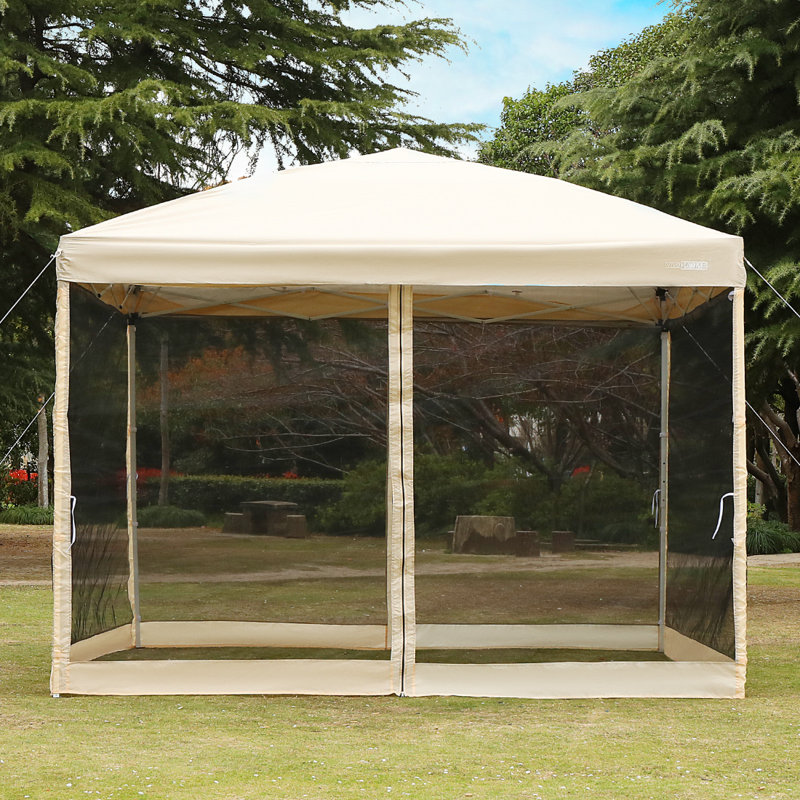 Steel Pop-Up Party Tent Canopy with Mesh Side Walls, Biege, 8 Ft. W x 8 Ft. D