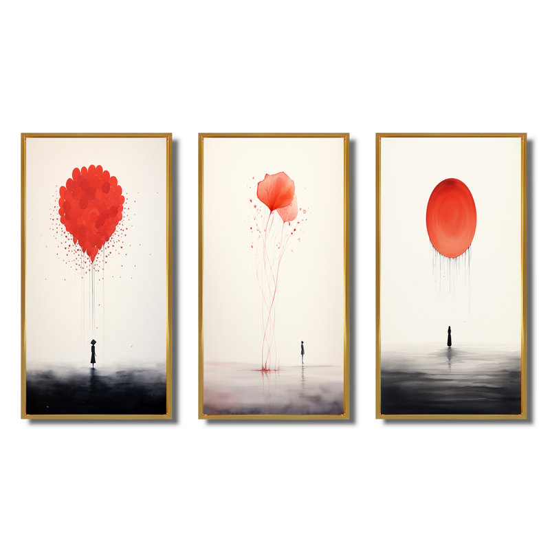 Serenity Minimal Aquarelle en rouge tendre II - ensemble de 3 pièces d'art abstrait, Cadre flottant doré, H 32 po x l 48 po