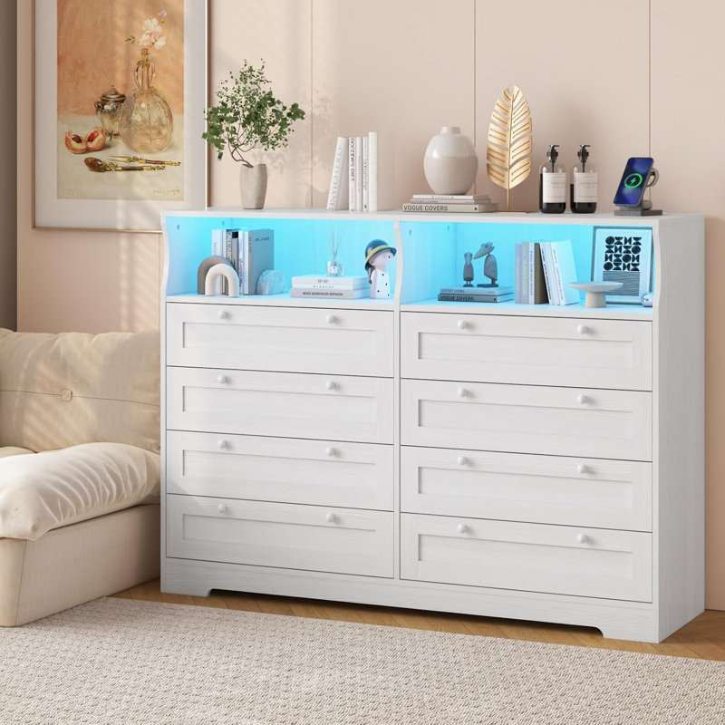 8 Drawers Wooden Dressers For Bedroom Living Room, Hallway, Wood Dressers With Led Lights And Charging Station, 55" Wide Chest Of Drawers, Modern Solid Wood Dresser TV Stand For 55" TV