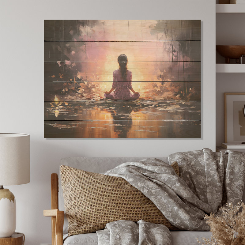 Pink Yoga Mediation - Yoga Wood Panel Wall Art On Natural Pine Wood, 30" H x 40" W