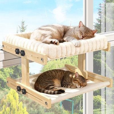 Cat Perch for Window Cats Hammock Indoor Bed for Window Adjustable Wooden Frame Bird Watching Sunbathing Space-Saving Double Layer