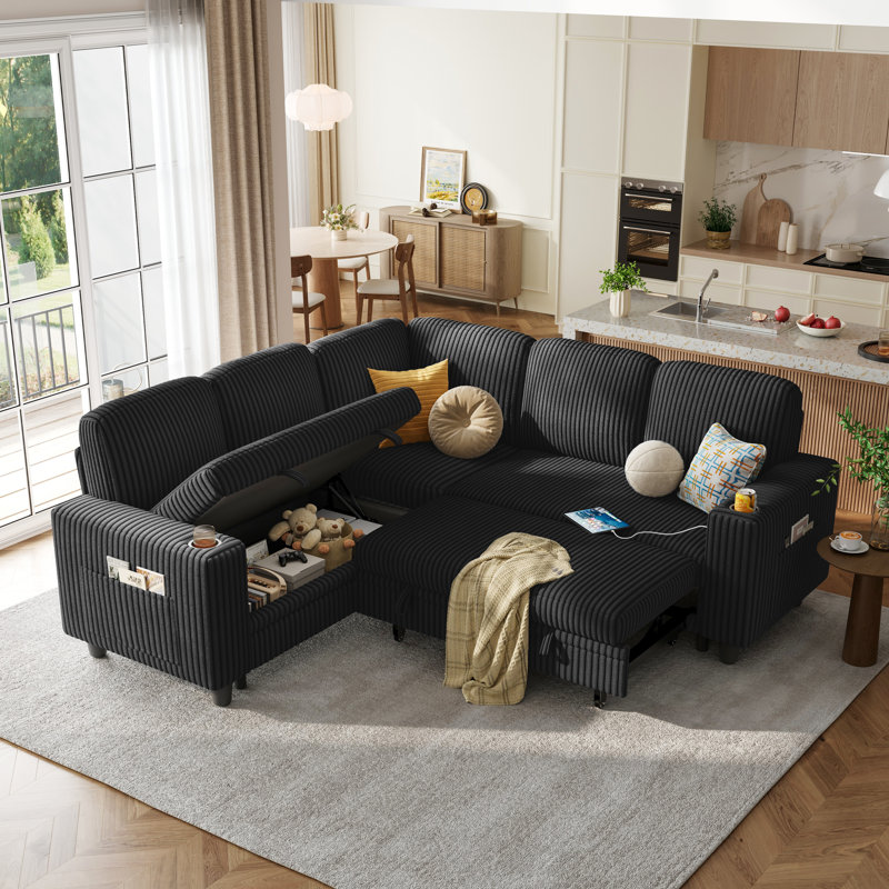 Sherry 81'' Upholstered Modular Sectionals with Pull-out Sofa, Storage Chaise, USB Charging & Cup Holders, Effie Black