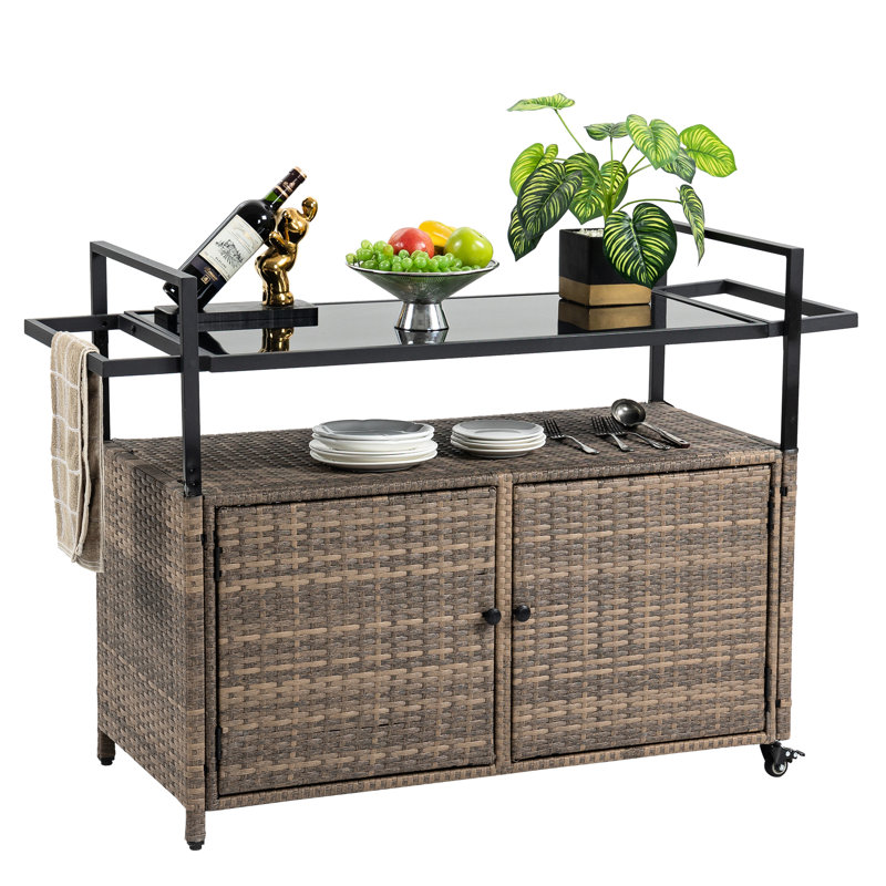 Outdoor Food Beverage Cart With Wheels - Elegant Glass Top For Garden, Poolside Brown Patio Snack Serving Backyard