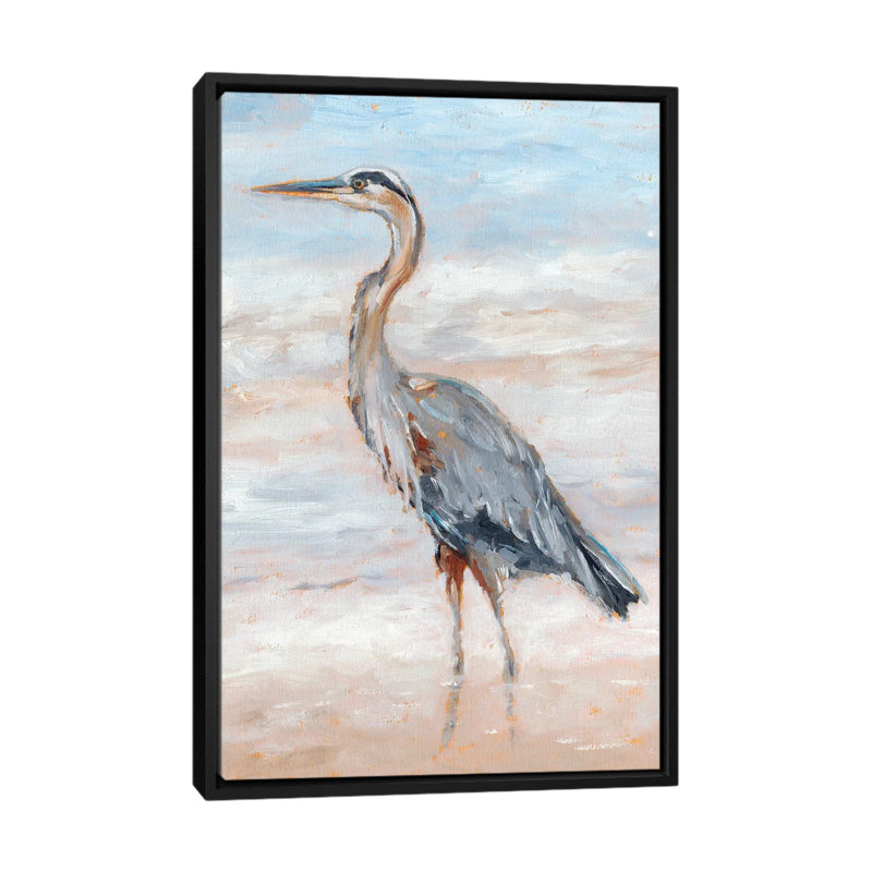 «Beach Heron II» par Ethan Harper - reproduction d'art, H 48 po x l 32 po x P 1,5 po, Toile avec cadre noir, Pas de tapis