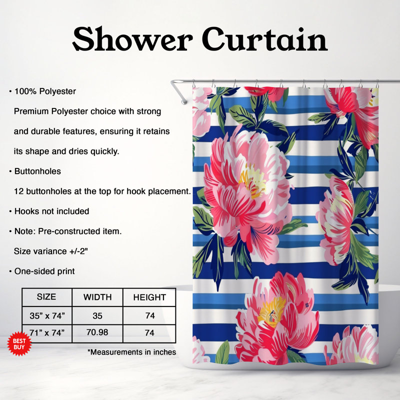 Rideau de douche standard 1 pièce Peony, H 74 po x l 71 po