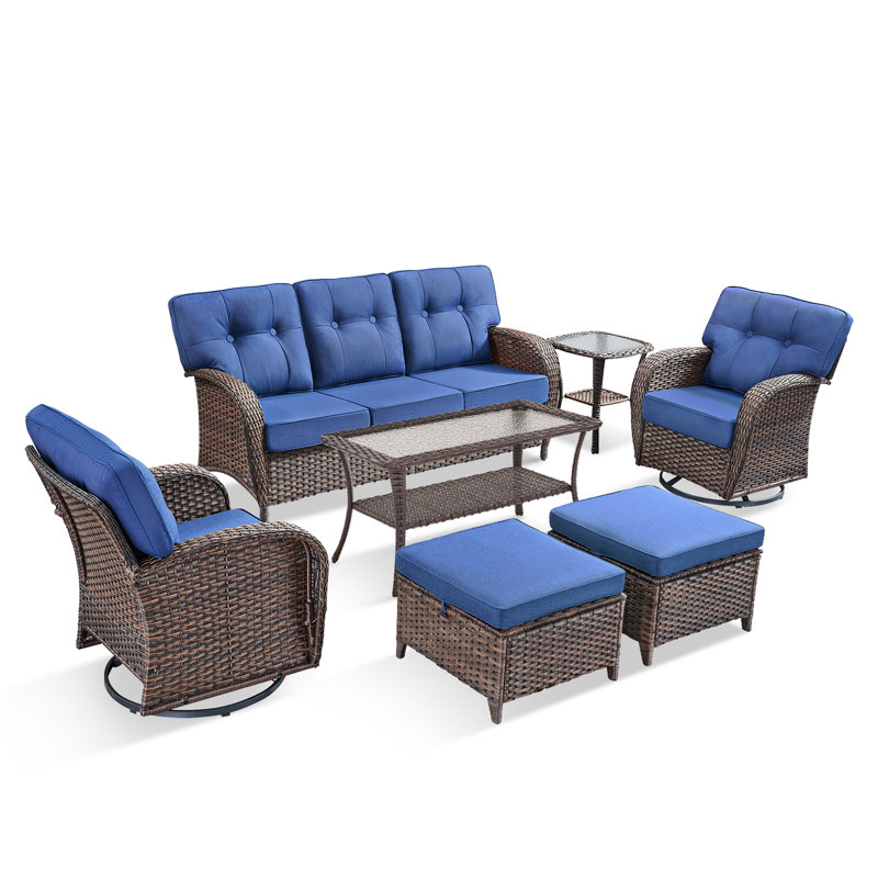 Fiorillo 7-Piece Outdoor Wicker Patio Conversation Set With Cushions/2 Swivel Chairs And Coffee Table, Blue