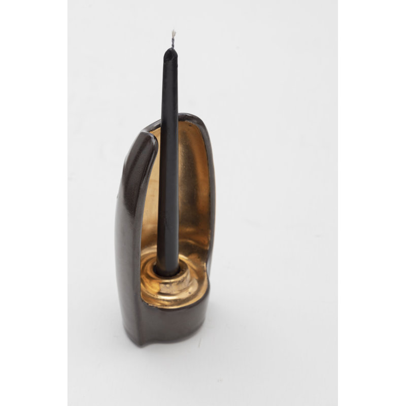 Absoluto Decorative Ceramic Candleholder In Dark Green Glaze With Gold Luster Details, By Andean, In Stock, Dark Green