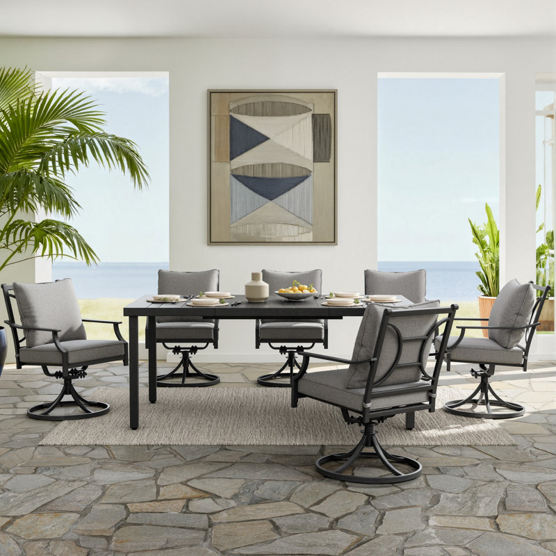 Ensemble de salle à manger pivotant en métal pour 6 personnes avec table rectangulaire et chaises ergonomiques rembourrées