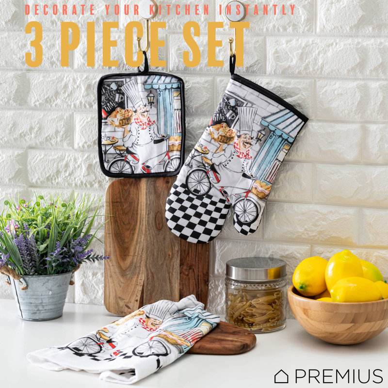PREMIUS 3 Piece Printed Kitchen Linen Set, Baking Chef, 1 Cotton Towel, 1 Pot Holder, 1 Oven Mitt