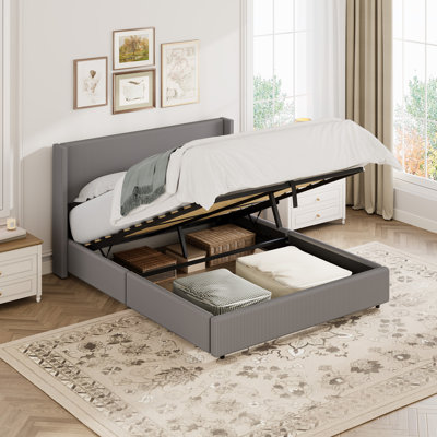 Structure de lit grand avec rangement, lit plateforme tapissier en velours côtelé avec vérin à gaz, tête de lit rembourrée, support à lattes en bois, aucun sommier requis, assemblage facile, gris taupe