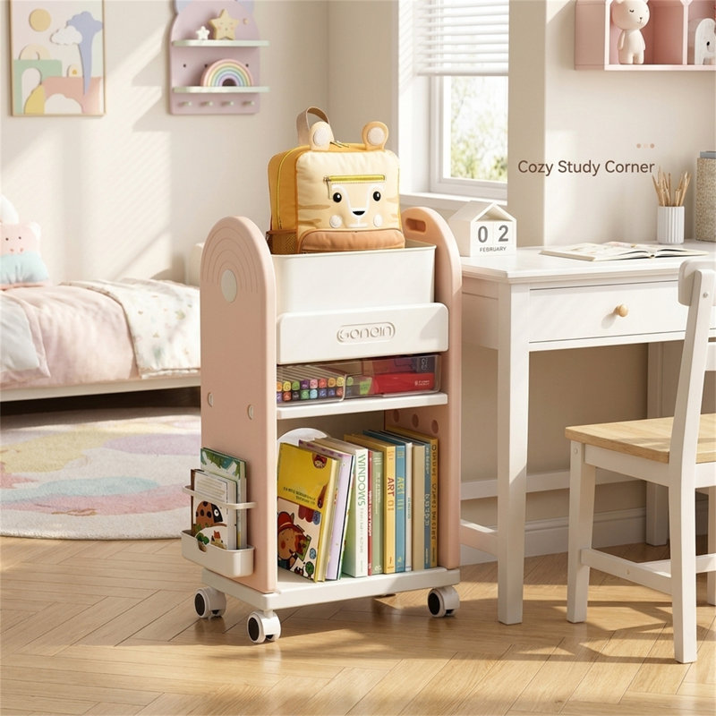 Chariot de plancher mobile à trois niveaux pour organiser les livres, les sacs à dos et autres articles; Support de rangement côté bureau
