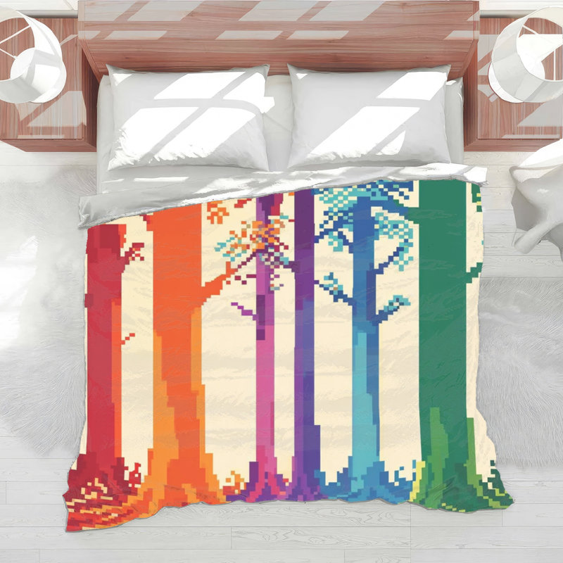 Édredon Pixelated Forest Trees, Lit simple, Rouge clair vert clair