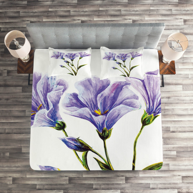 Queen White and Violet Floral Polyester Bedspread Set