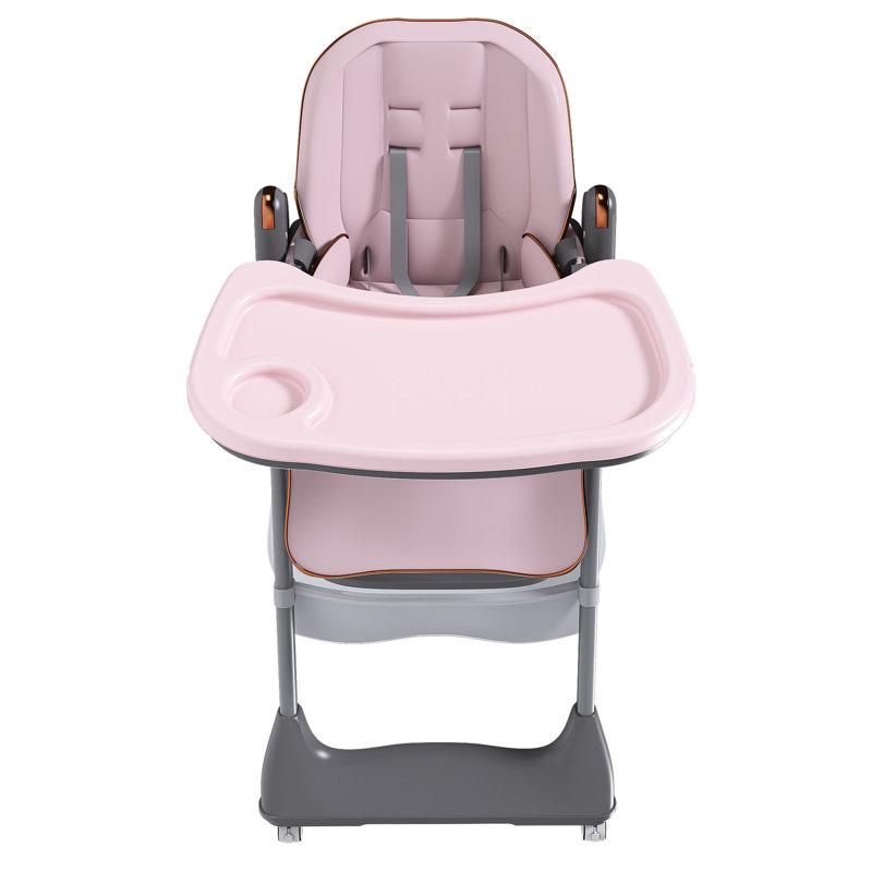 Chaise haute réglable rose pour 6 mois à années, avec structure en acier renforcé, base en pointe, plateau double couche amovible, 5 réglages de hauteur et salle à manger ergonomique de voyage à domicile