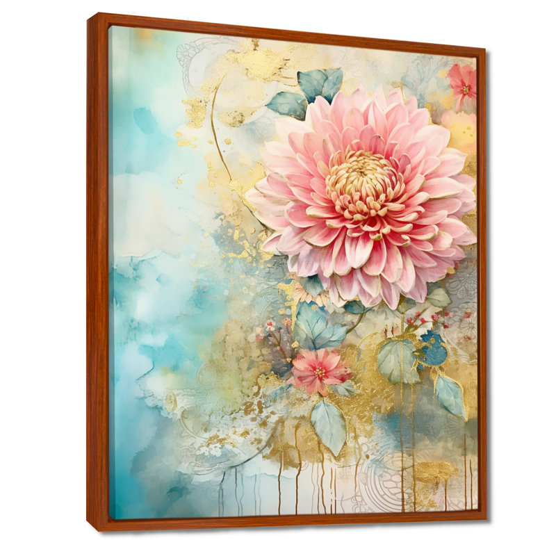 Dahlia rose, rétro, bleu, illustration - impression d'art mural Dahlia, Toile avec cadre flottant brun