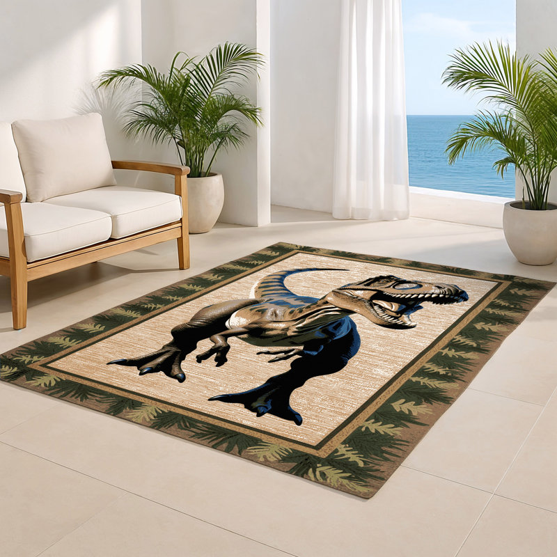 Tapis intérieur et extérieur beige Dinosaurs, Rectangulaire 2 pi x 3 pi