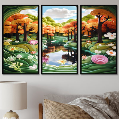 Orange, arbres, ciel bleu, rivière de fleurs - ensemble de décorations murales fleurs