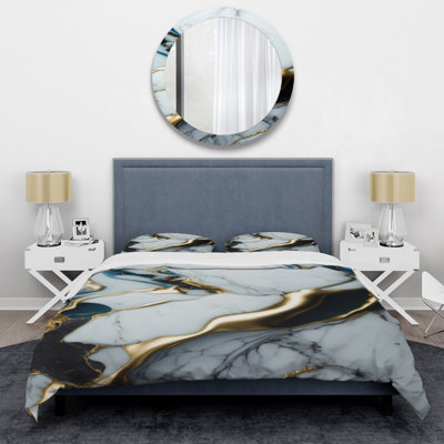 Abstract Geode Gold And White Marble II - Modern Duvet Cover Set - Microfiber Polyester