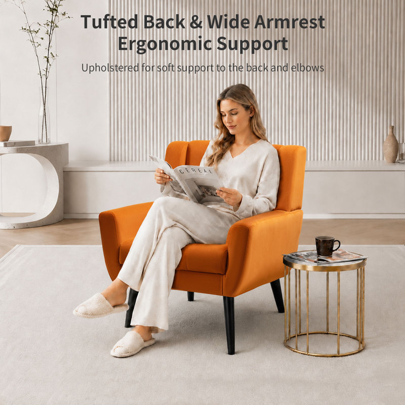 Tufted Upholstered Wide Back Armchair（Set of 2）, Orange Velvet