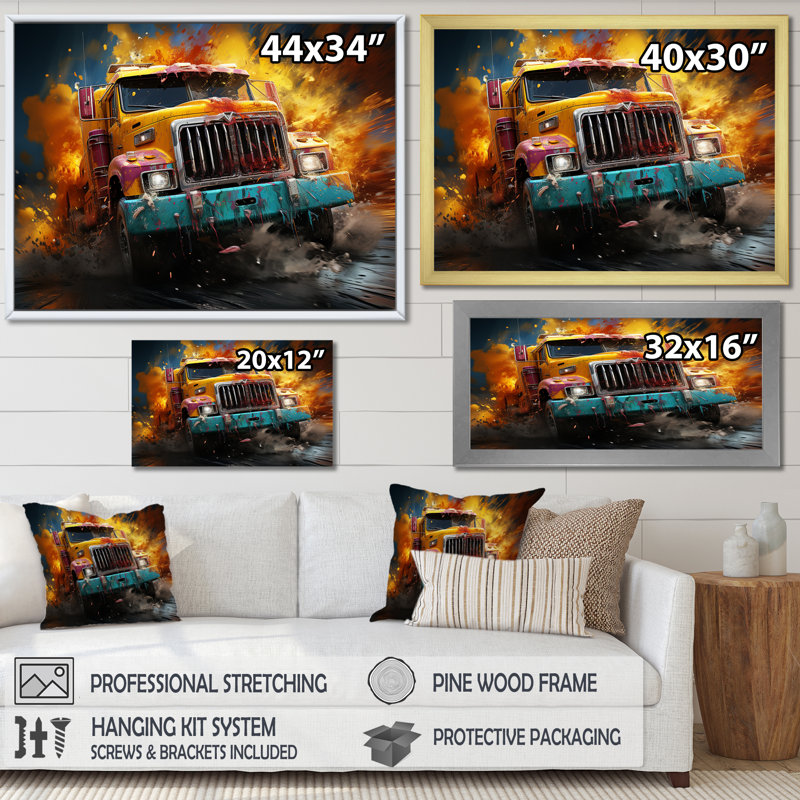 «Expressionist Monster Truck Fury II» sur toile, Cadre simple noir, H 30 po x l 40 po x P 1,5 po