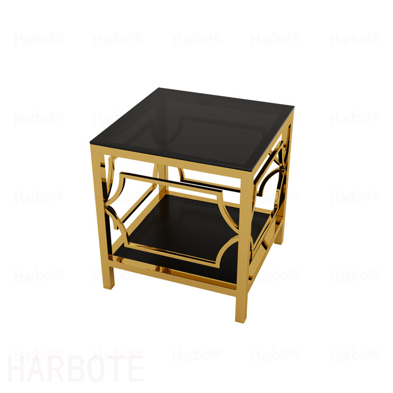 Table d'appoint carrée en or 19,7 po avec plateau en verre trempé et tablette de rangement, table de bout glamour de luxe avec structure en métal pour le salon, la chambre à coucher, le canapé, la table d'appoint pour petit espace