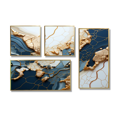 «Blue and Gold Marble River III», art mural sur toile abstraite à encre liquide abstraite, 4 pièces