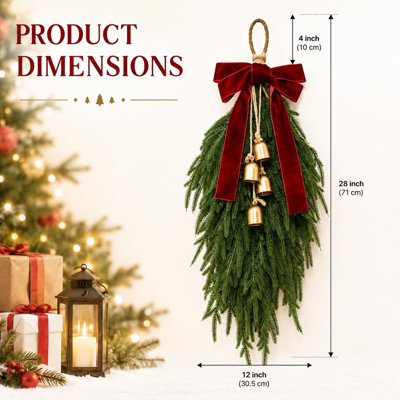 Guirlande de Noël en forme de larme, couronne de porte d'entrée en aiguilles de pin avec nœud et clochettes, verdure artificielle hivernale pour porte d'entrée, mur, fenêtre, décoration de Noël