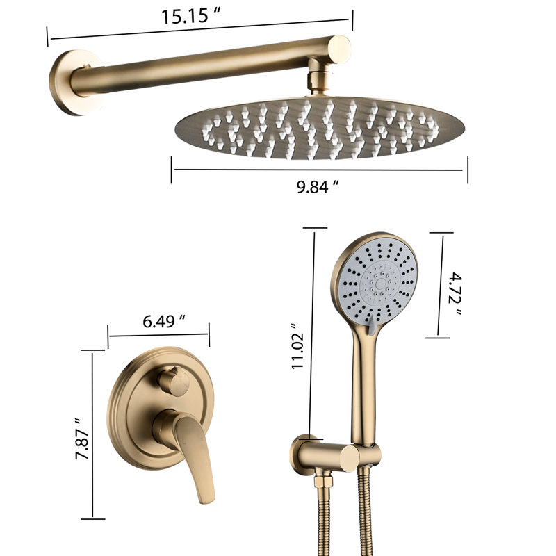 10 Inches Shower With High Rain Head And Handheld 5, Wall Mounted, Golden Brush Stainless & 5 Handheld, Brushed Gold Steel