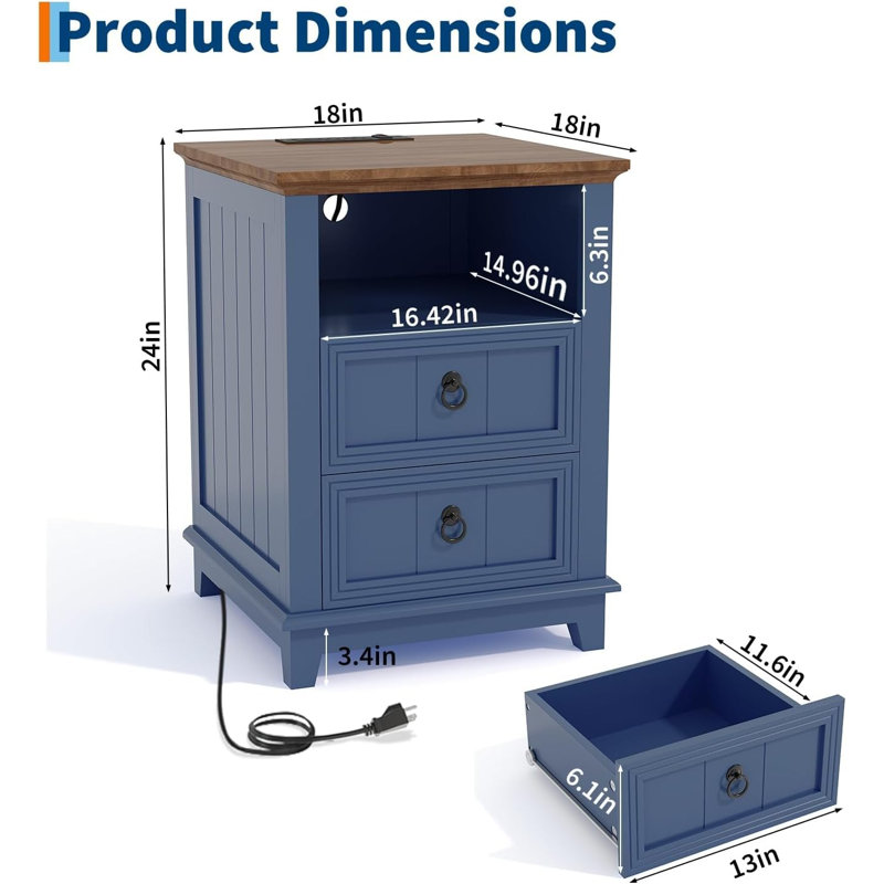 Modern Blue Wooden Bedside Tables with Charging Station – Set of 2 Bedside End Tables with 2 Drawers & Open Shelf – Compact Side Tables for Bedroom, Living Room, Dorm, Home Office – Two-Pack Blue