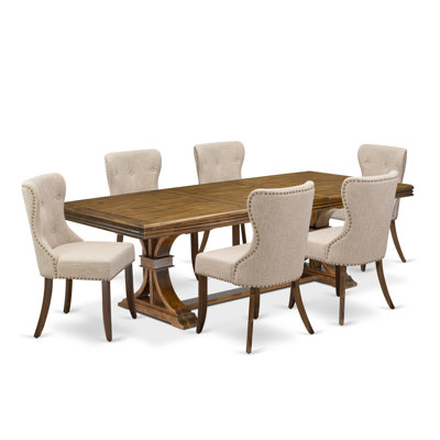 7-piece Dining Room Table Set consists of a Modern Table and 6 Light Tan Linen Fabric Dining Chairs with Button Tufted Back - Antique Walnut Finish