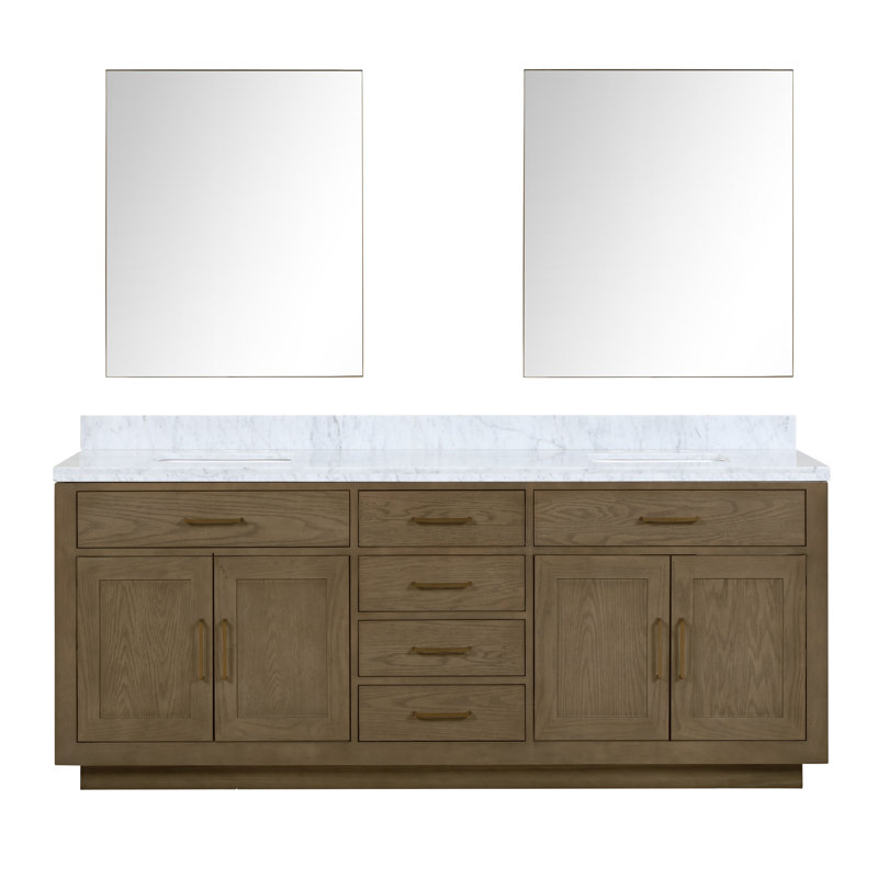 Meuble-lavabo double Shelter et miroirs 28 po, Chêne blanc, 84", Marbre de Carrare blanc
