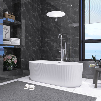 59" Freestanding Glossy White Tub Acrylic Soaking Bathtub With Chrome Pop-Up  Drain