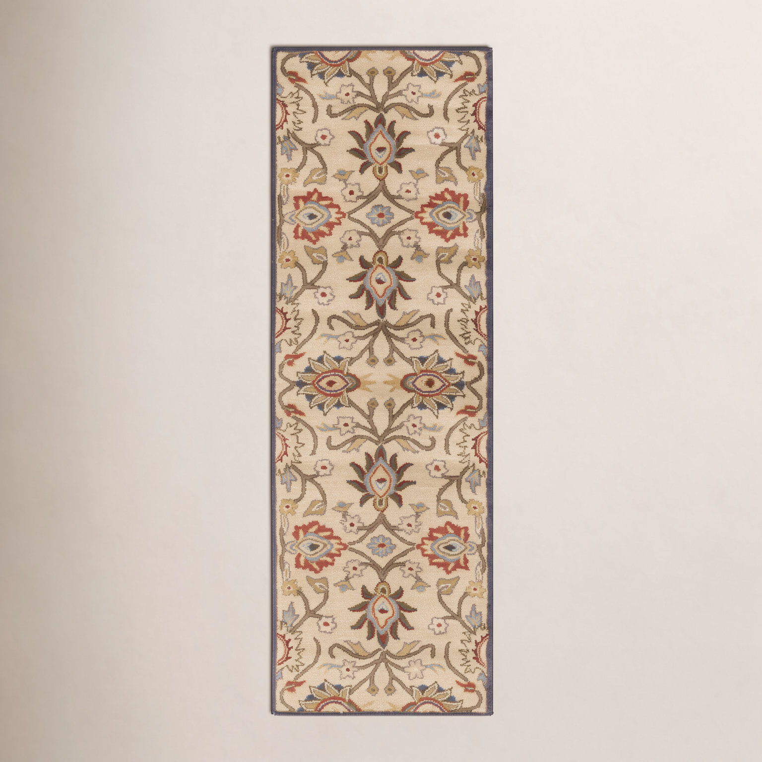 Arden Ivory Denim Red Hand-Tufted Wool Floral Rug, Runner 2'6" x 8'