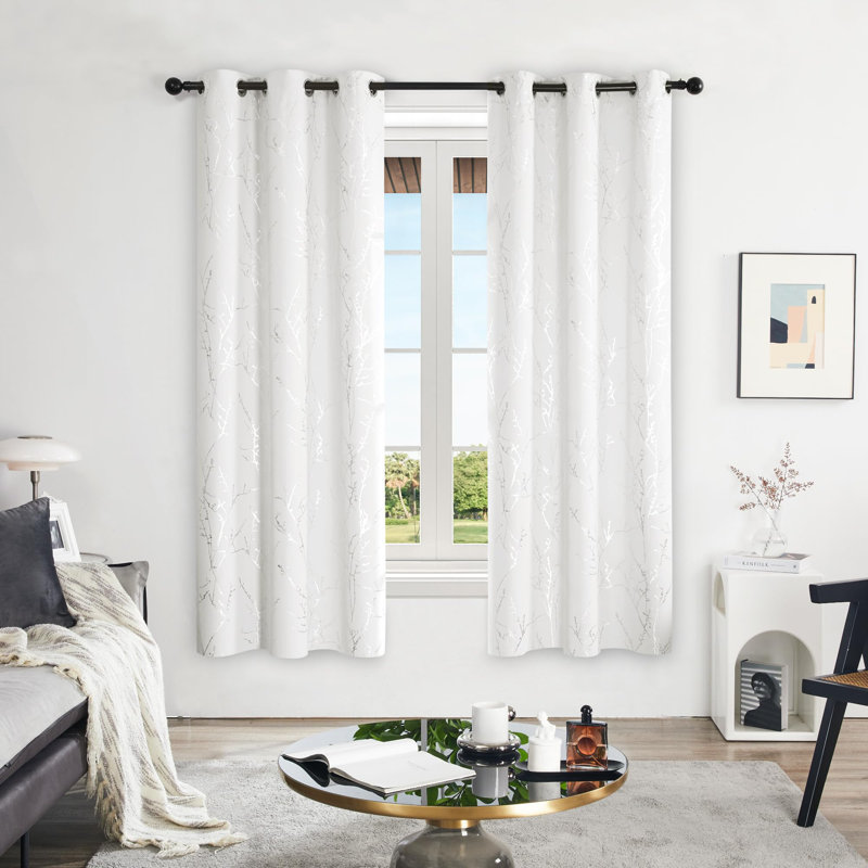Silver Tree Branches Printed Pattern Blackout Grommet Curtains (Set Of 2), 42" W x 84" L, Light Beige