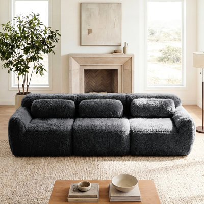 Canapé modulaire de 114 po en tissu doux et moelleux à 3 places avec coussins décoratifs ergonomiques pour le cinéma maison d'étude, gris foncé, base antidérapante, emballage sous vide à compression complète, raccordement par boucle, non