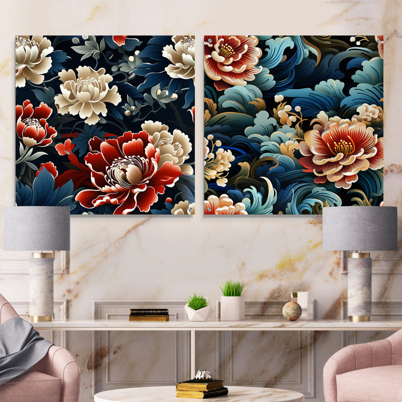 Dynastie Ming - ensemble de 2 art mural en verre acrylique, H 16 po x l 33 po