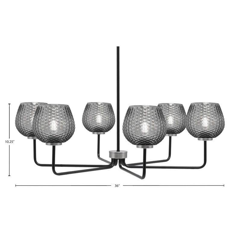 Lustre 6 lumières Amarmula, noir mat et finition graphite, verre texturé fumée 6 po, Transparent/noir, Noir / nickel