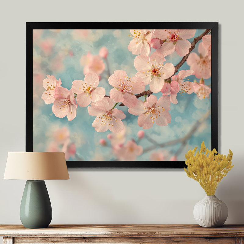 Fleur de cerisier rose, arrivée de printemps - décoration murale fleur de cerisier, Cadre simple, Noir, H 12 po x l 20 po